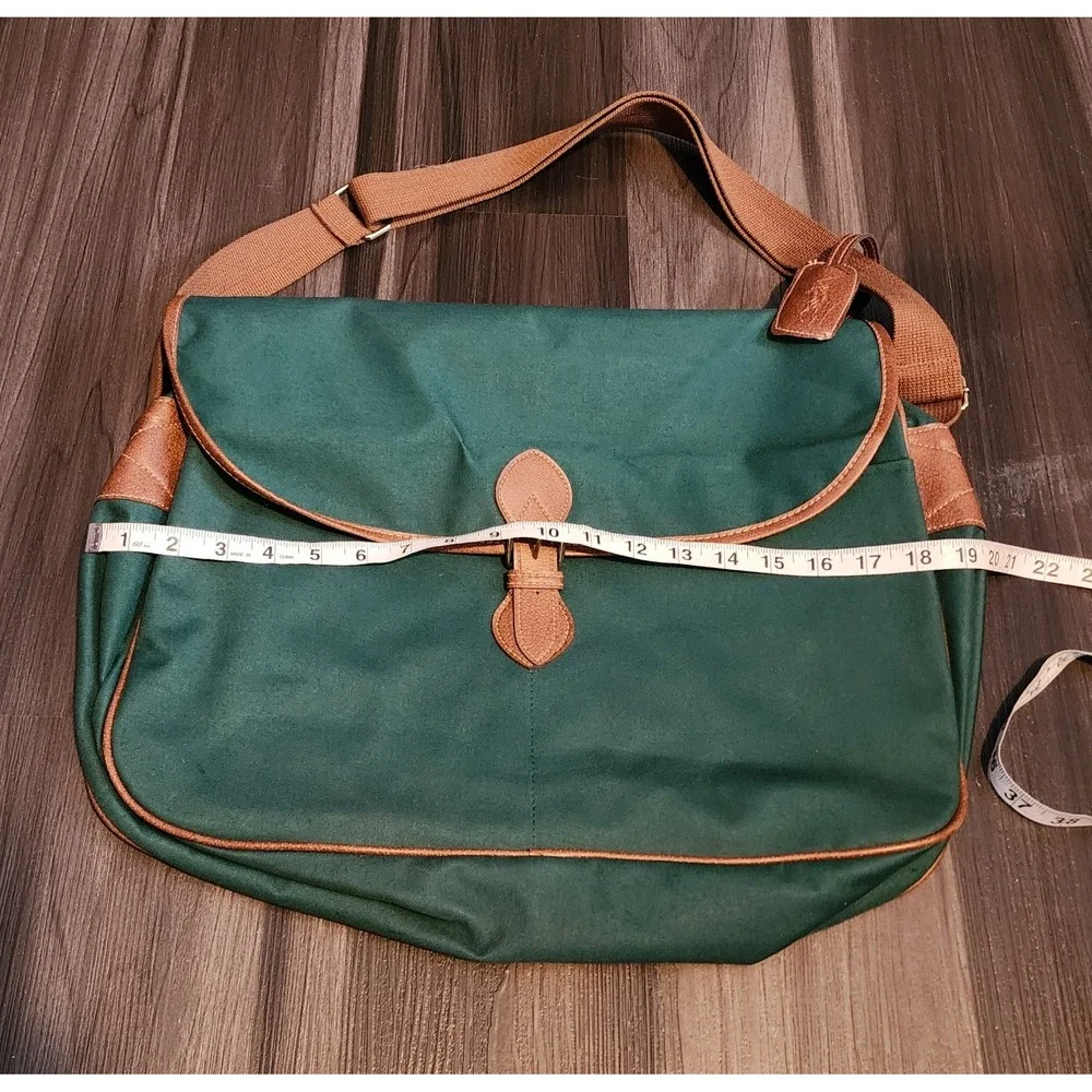 Polo Ralph Lauren VTG Green Messenger Bag Brown Leather Trim Shoulder Laptop Bag